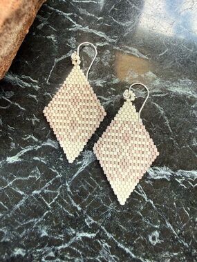Beaded Diamond Drop Earrings in Pale Pink and Cream